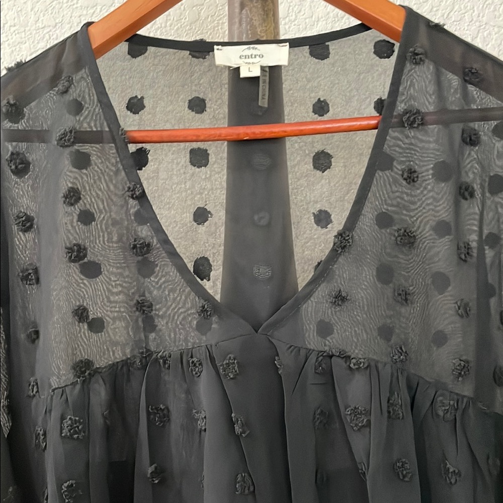 Entro Black Sheer Flutter Sleeve Blouse Gorgeous Top! SZ:L like new - Picture 6 of 14